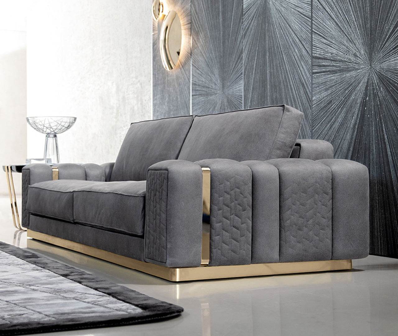 Dallas Luxury Modern Sofas in Plush Dark Grey Velvet with Elegant Gold Accents - UK Luxury Furniture