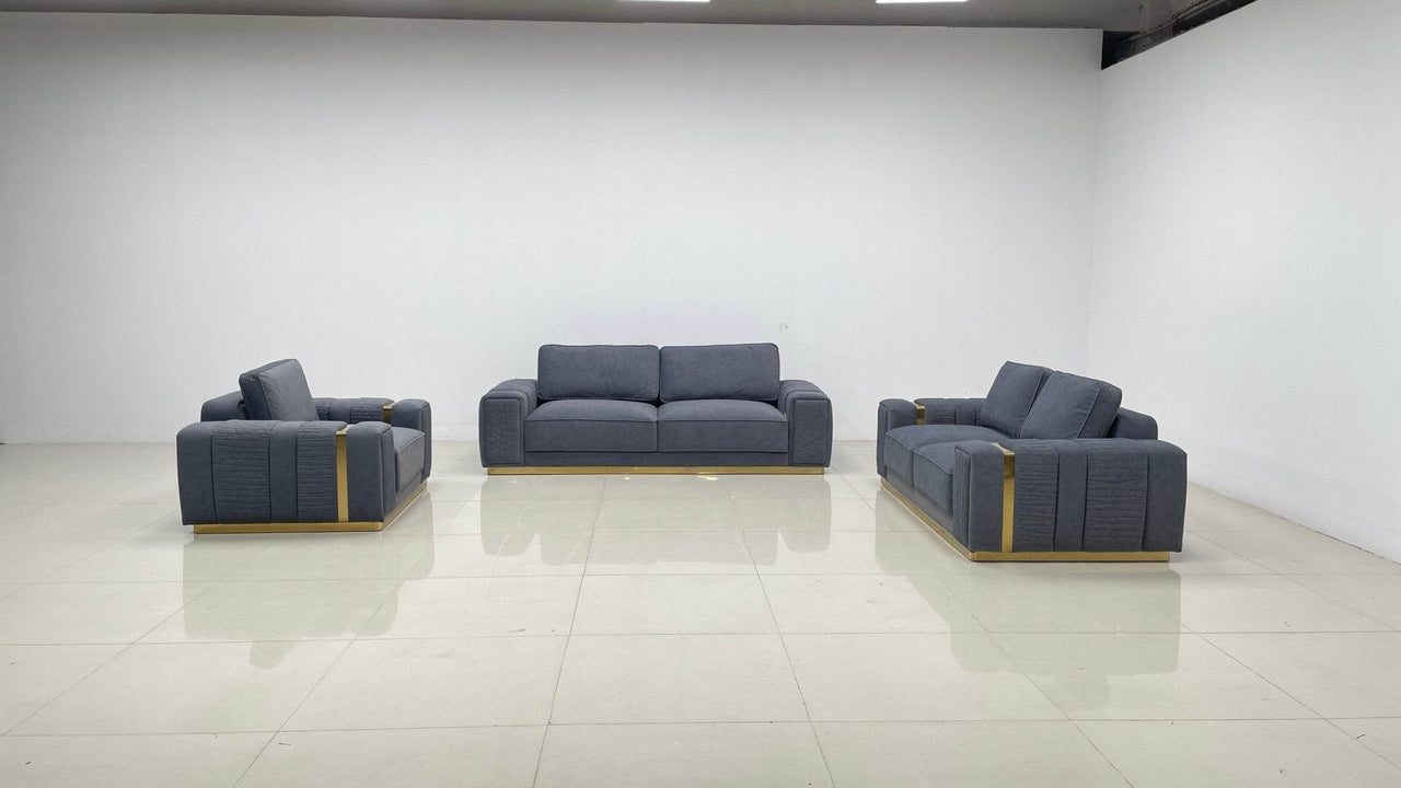 Dallas Luxury Modern Sofas in Plush Dark Grey Velvet with Elegant Gold Accents - UK Luxury Furniture