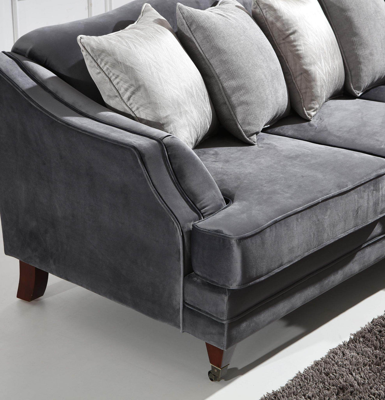 Hampton Luxury Dark Grey Velvet Corner Sofa with Stylish Rolled Arms & Decorative Piping - UK Luxury Furniture