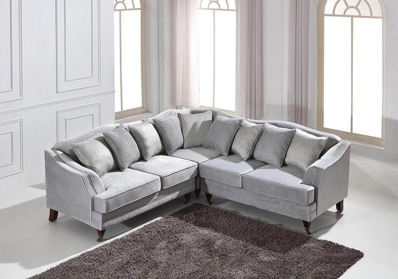 Hampton Corner Sofa in Elegant Luxury Light Grey Velvet with Rolled Arms & Decorative Piping - UK Luxury Furniture