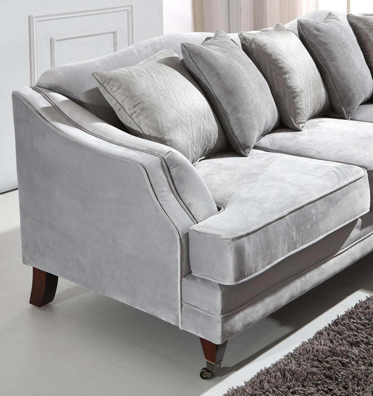 Hampton Corner Sofa in Elegant Luxury Light Grey Velvet with Rolled Arms & Decorative Piping - UK Luxury Furniture
