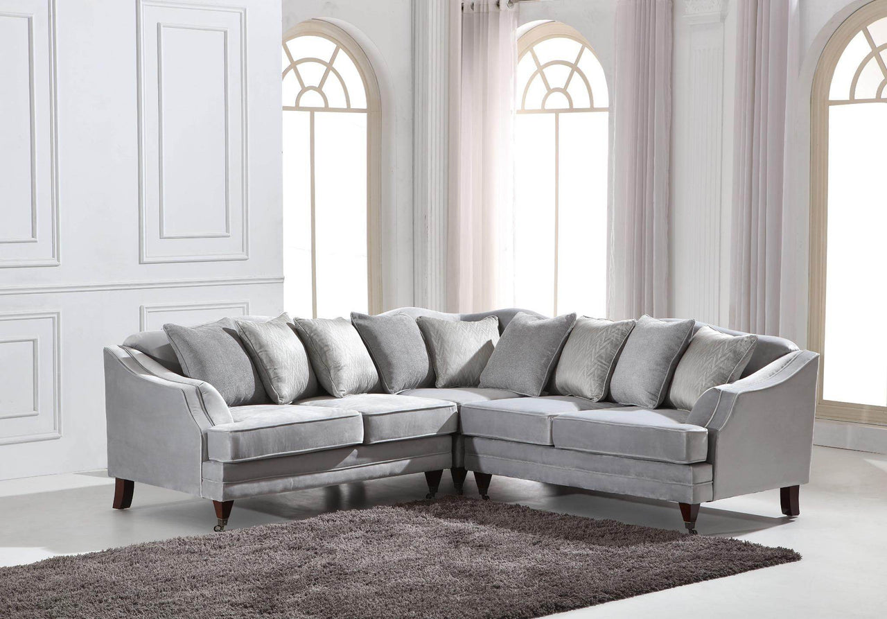 Hampton Corner Sofa in Elegant Luxury Light Grey Velvet with Rolled Arms & Decorative Piping - UK Luxury Furniture