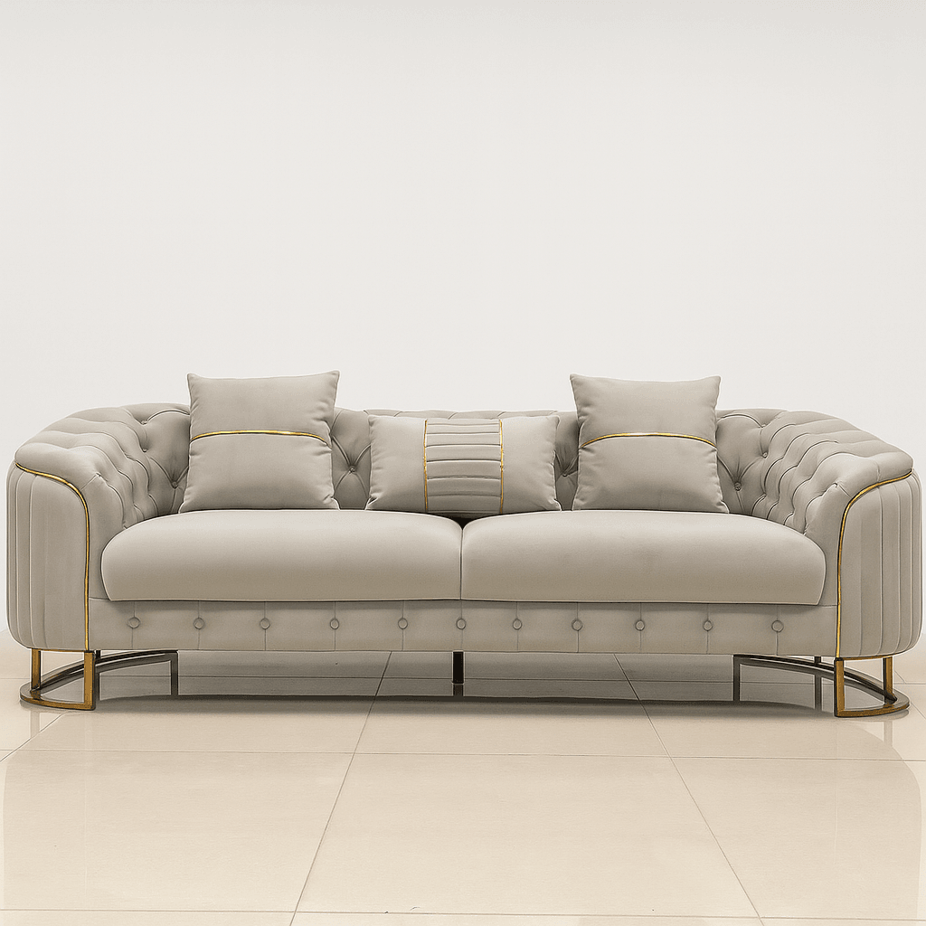 Phoenix Modern Sofa Set in Premium Light Grey Velvet with Gold Accents – Stylish Comfort for Your Home - UK Luxury Furniture