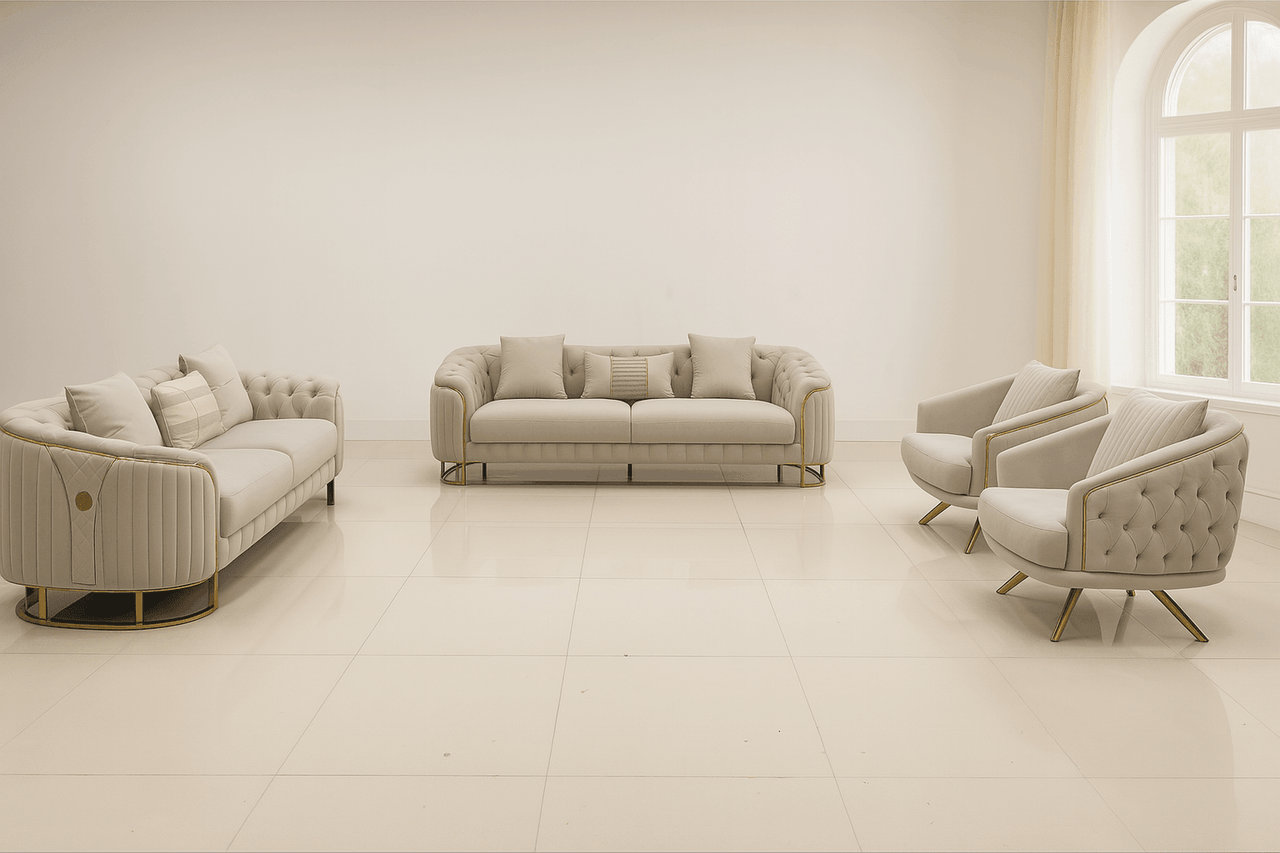 Phoenix Modern Sofa Set in Premium Light Grey Velvet with Gold Accents – Stylish Comfort for Your Home - UK Luxury Furniture