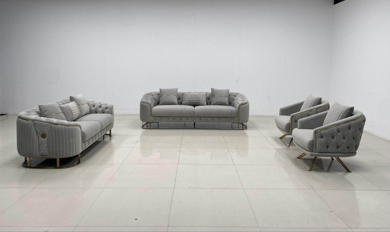 Phoenix Modern Sofa Set in Premium Light Grey Velvet with Gold Accents – Stylish Comfort for Your Home - UK Luxury Furniture