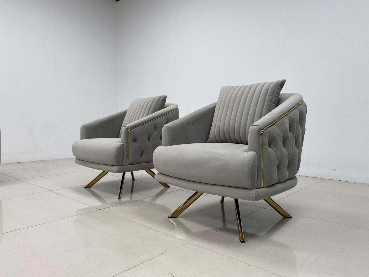 Phoenix Modern Sofa Set in Premium Light Grey Velvet with Gold Accents – Stylish Comfort for Your Home - UK Luxury Furniture