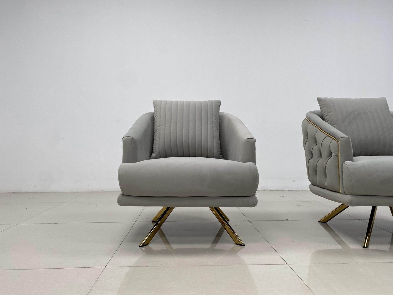 Phoenix Modern Sofa Set in Premium Light Grey Velvet with Gold Accents – Stylish Comfort for Your Home - UK Luxury Furniture