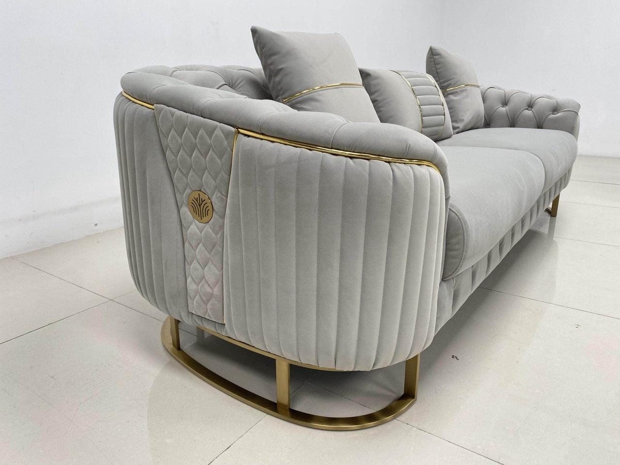 Phoenix Modern Sofa Set in Premium Light Grey Velvet with Gold Accents – Stylish Comfort for Your Home - UK Luxury Furniture