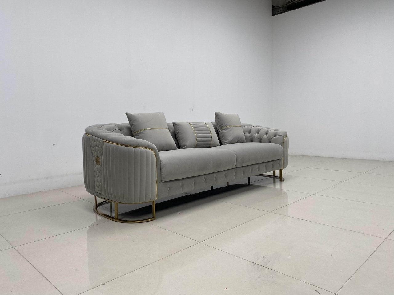 Phoenix Modern Sofa Set in Premium Light Grey Velvet with Gold Accents – Stylish Comfort for Your Home - UK Luxury Furniture