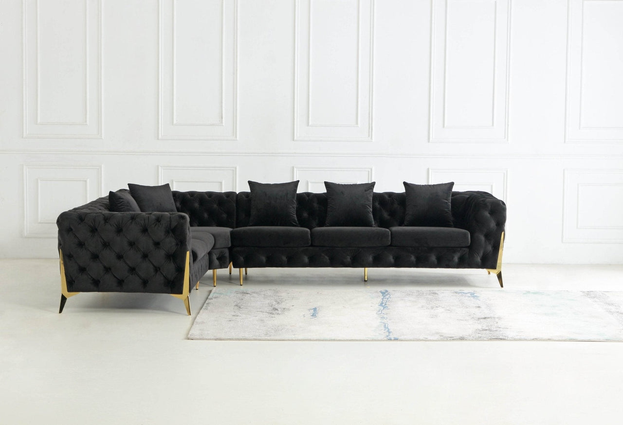 Rocky Chesterfield L-Shape Corner Sofa Set in Luxurious Black Velvet with Gold Legs - UK Luxury Furniture