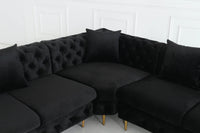 Rocky Chesterfield L-Shape Corner Sofa Set in Luxurious Black Velvet with Gold Legs - UK Luxury Furniture