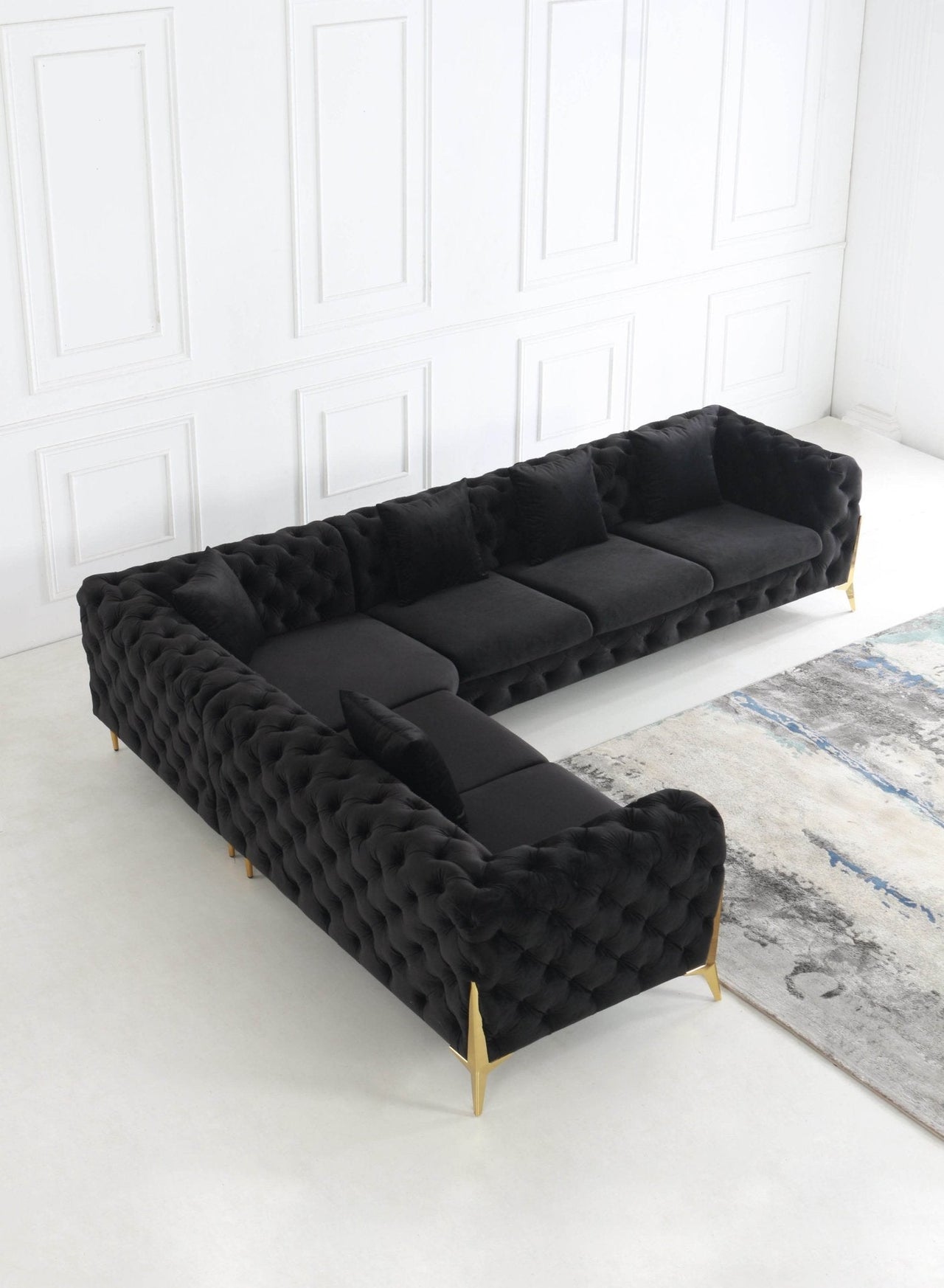 Rocky Chesterfield L-Shape Corner Sofa Set in Luxurious Black Velvet with Gold Legs - UK Luxury Furniture
