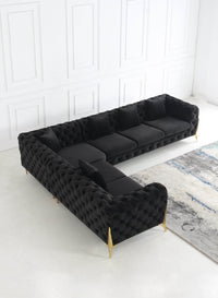 Rocky Chesterfield L-Shape Corner Sofa Set in Luxurious Black Velvet with Gold Legs - UK Luxury Furniture