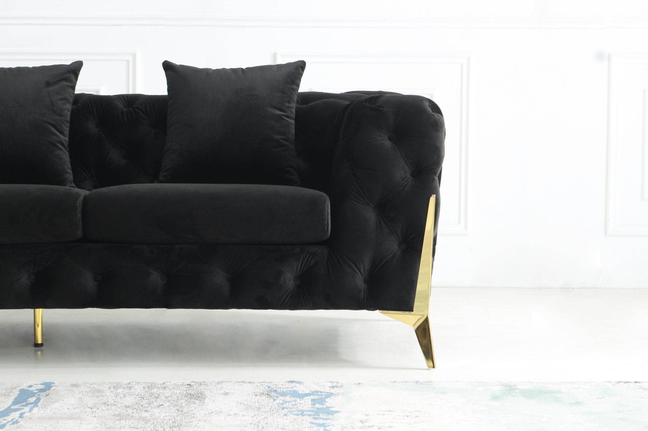 Rocky Chesterfield L-Shape Corner Sofa Set in Luxurious Black Velvet with Gold Legs - UK Luxury Furniture