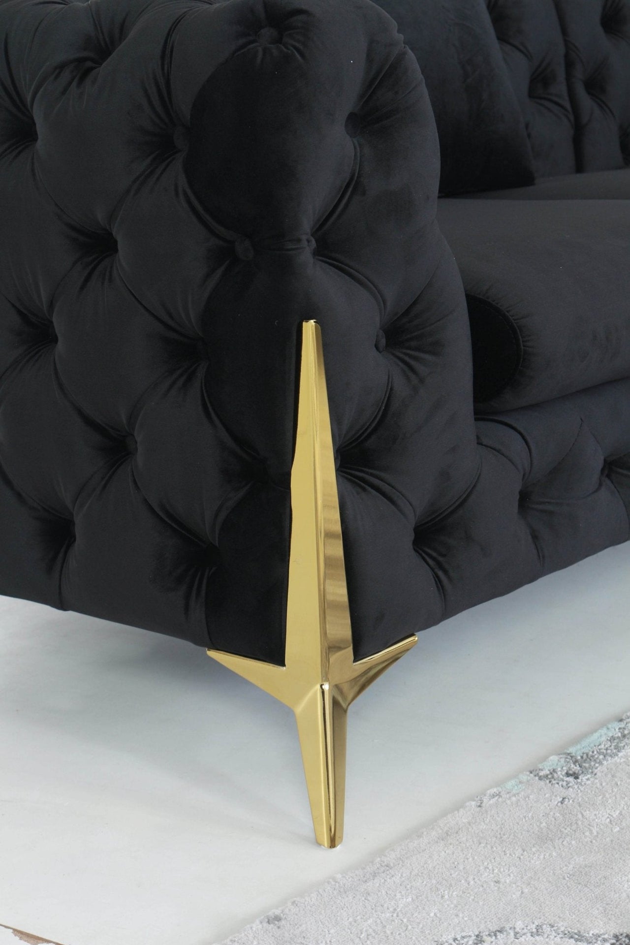 Rocky Chesterfield L-Shape Corner Sofa Set in Luxurious Black Velvet with Gold Legs - UK Luxury Furniture