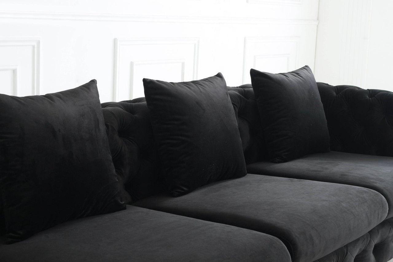 Rocky Chesterfield L-Shape Corner Sofa Set in Luxurious Black Velvet with Gold Legs - UK Luxury Furniture
