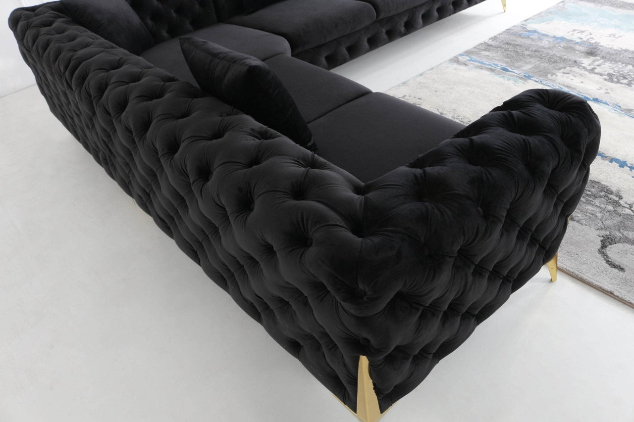 Rocky Chesterfield L-Shape Corner Sofa Set in Luxurious Black Velvet with Gold Legs - UK Luxury Furniture