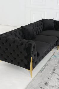 Rocky Chesterfield L-Shape Corner Sofa Set in Luxurious Black Velvet with Gold Legs - UK Luxury Furniture