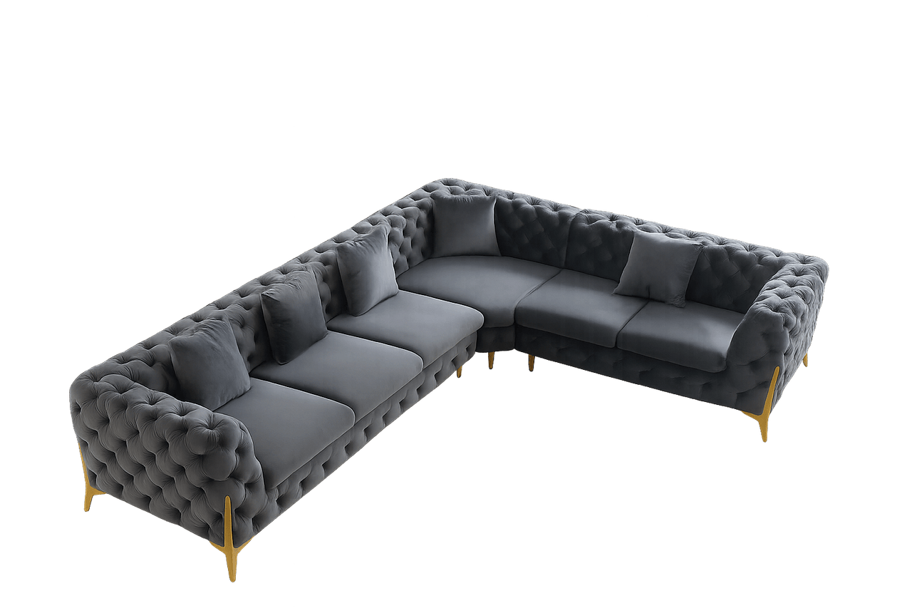 Rocky Chesterfield L-Shaped Corner Sofa Set - Elegant Grey Velvet with Gold Legs - UK Luxury Furniture
