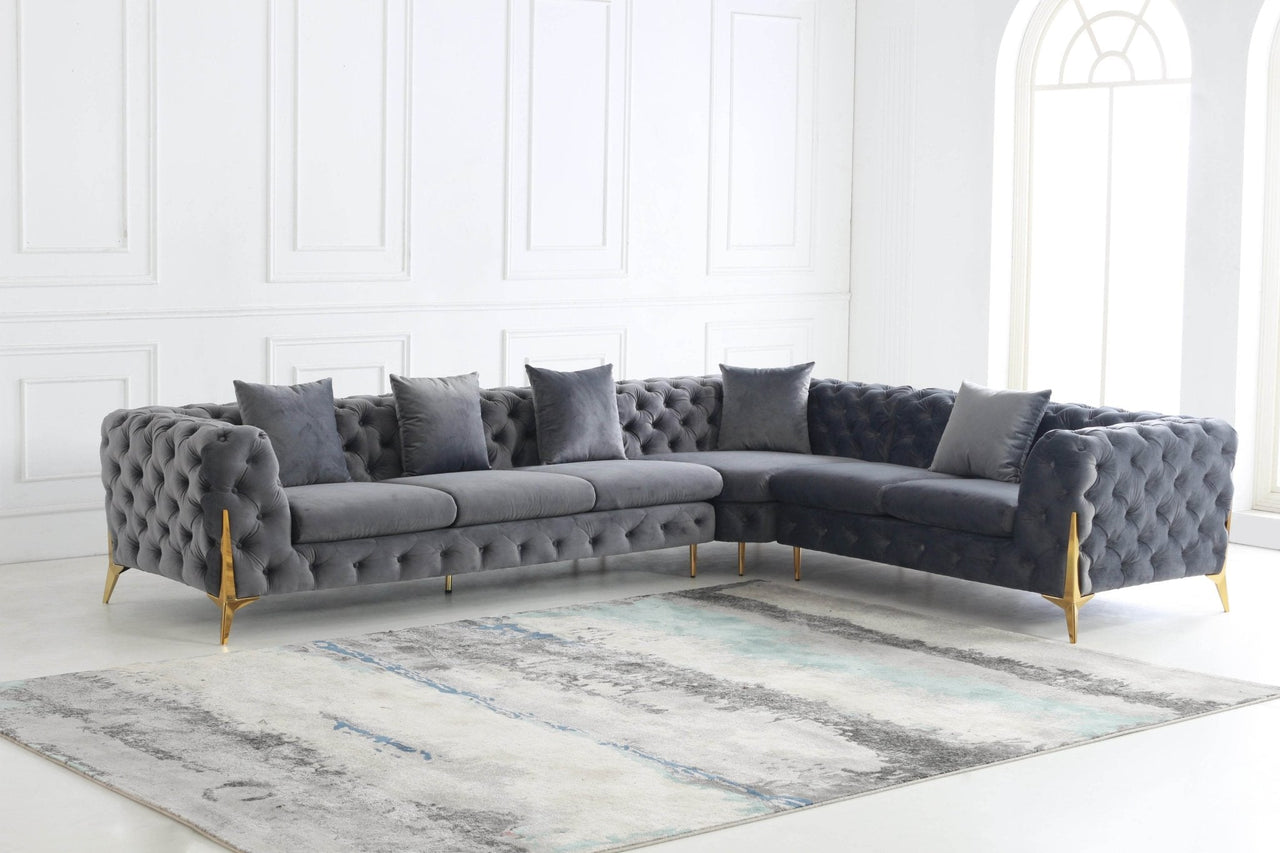 Rocky Chesterfield L-Shaped Corner Sofa Set - Elegant Grey Velvet with Gold Legs - UK Luxury Furniture