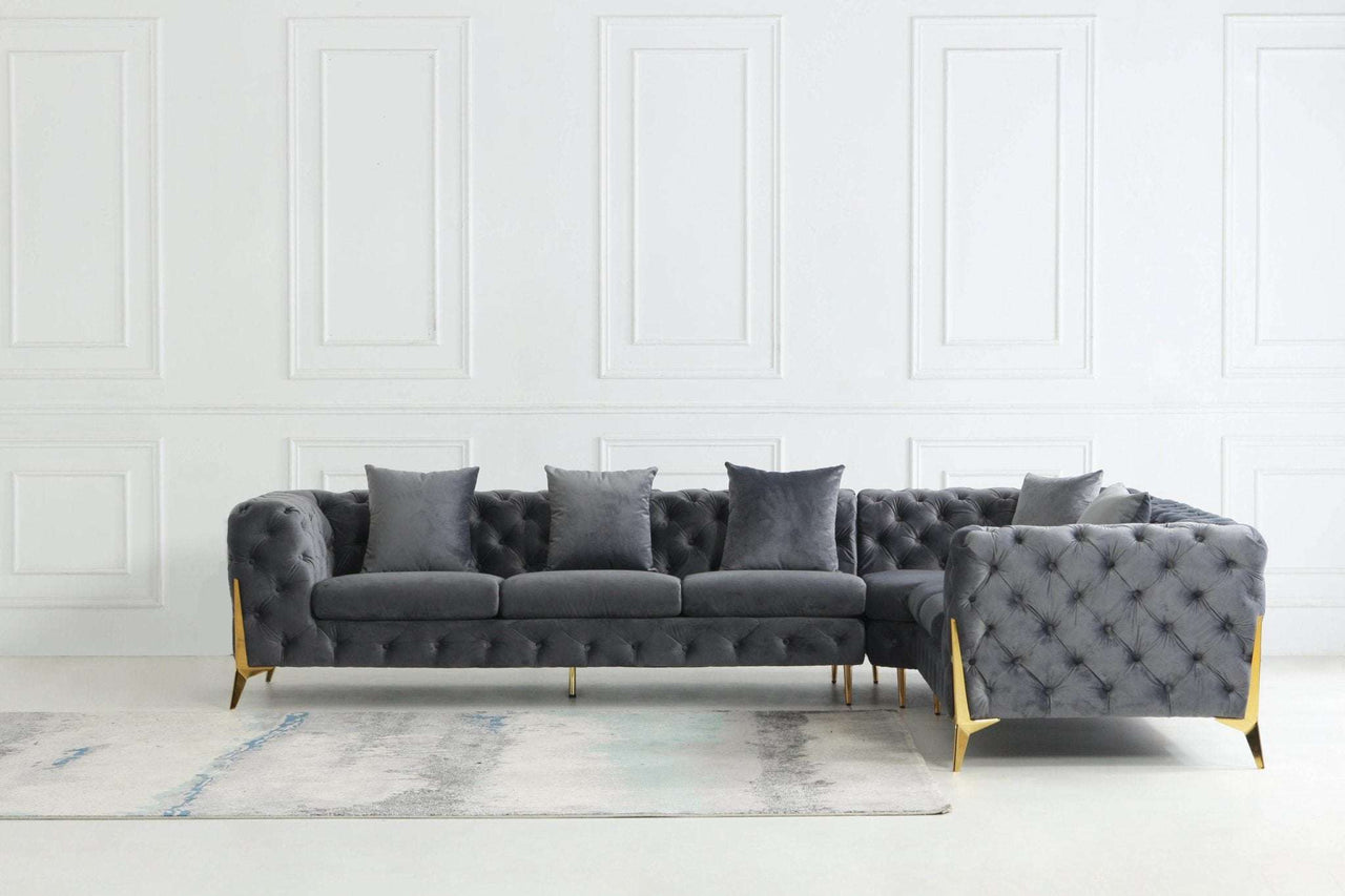 Rocky Chesterfield L-Shaped Corner Sofa Set - Elegant Grey Velvet with Gold Legs - UK Luxury Furniture
