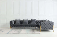 Rocky Chesterfield L-Shaped Corner Sofa Set - Elegant Grey Velvet with Gold Legs - UK Luxury Furniture