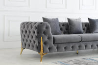 Rocky Chesterfield L-Shaped Corner Sofa Set - Elegant Grey Velvet with Gold Legs - UK Luxury Furniture