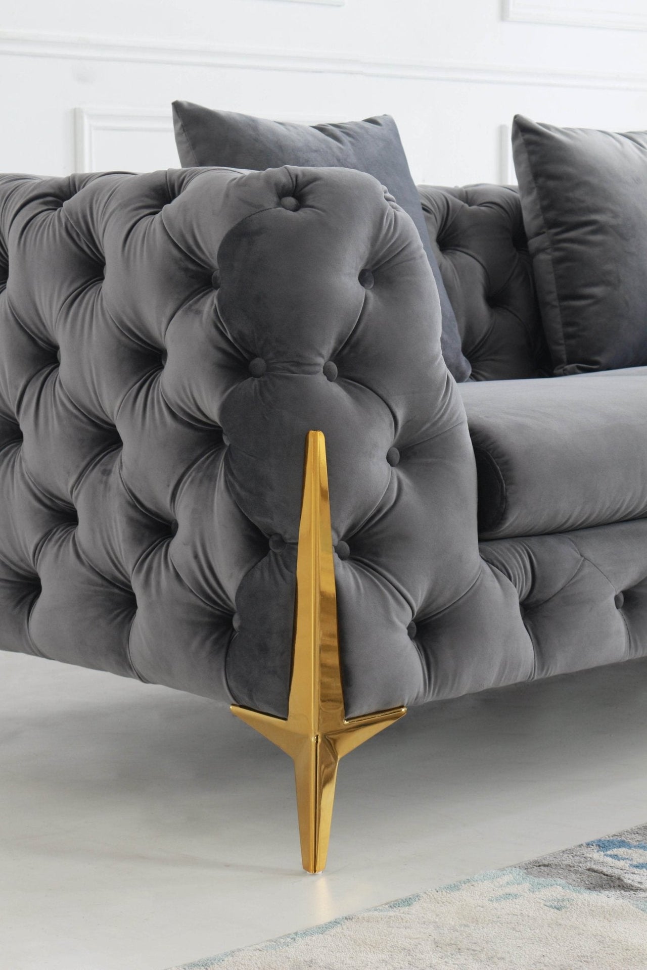 Rocky Chesterfield L-Shaped Corner Sofa Set - Elegant Grey Velvet with Gold Legs - UK Luxury Furniture
