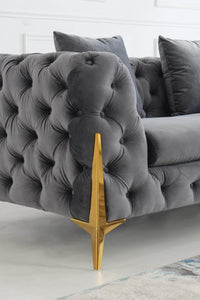 Rocky Chesterfield L-Shaped Corner Sofa Set - Elegant Grey Velvet with Gold Legs - UK Luxury Furniture
