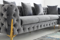 Rocky Chesterfield L-Shaped Corner Sofa Set - Elegant Grey Velvet with Gold Legs - UK Luxury Furniture