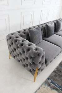 Rocky Chesterfield L-Shaped Corner Sofa Set - Elegant Grey Velvet with Gold Legs - UK Luxury Furniture