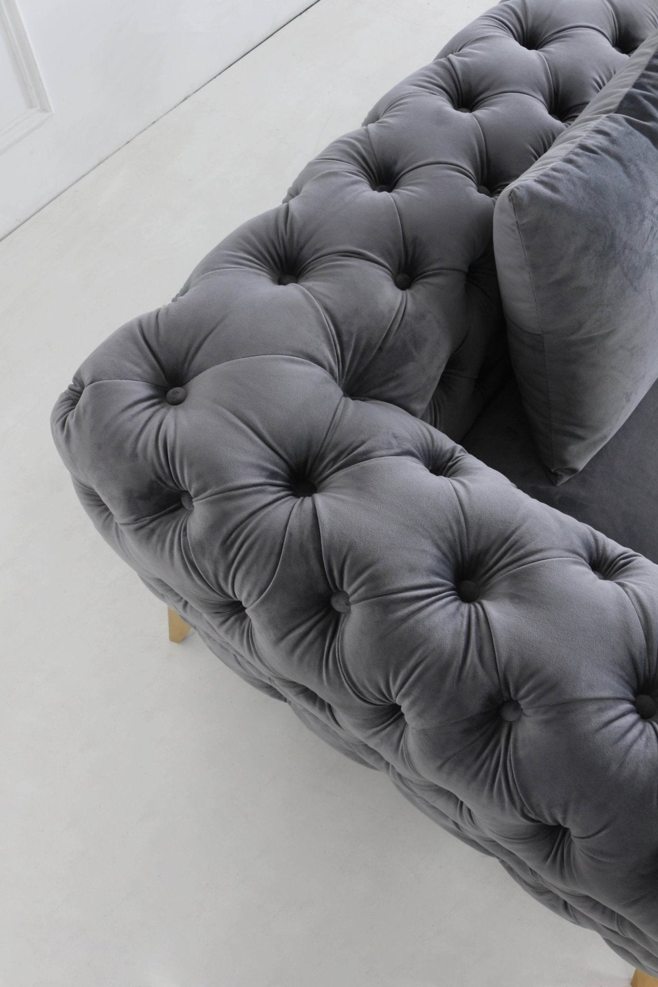 Rocky Chesterfield L-Shaped Corner Sofa Set - Elegant Grey Velvet with Gold Legs - UK Luxury Furniture