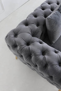 Rocky Chesterfield L-Shaped Corner Sofa Set - Elegant Grey Velvet with Gold Legs - UK Luxury Furniture