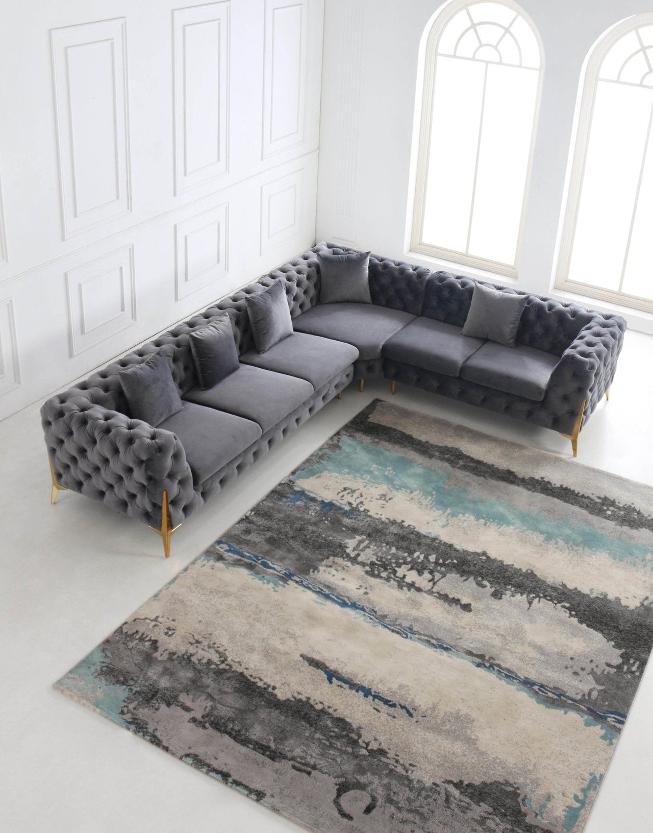 Rocky Chesterfield L-Shaped Corner Sofa Set - Elegant Grey Velvet with Gold Legs - UK Luxury Furniture