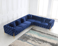Rocky Chesterfield Navy Blue Velvet Corner Sofa Set with Gold Legs - Timeless Elegance - UK Luxury Furniture