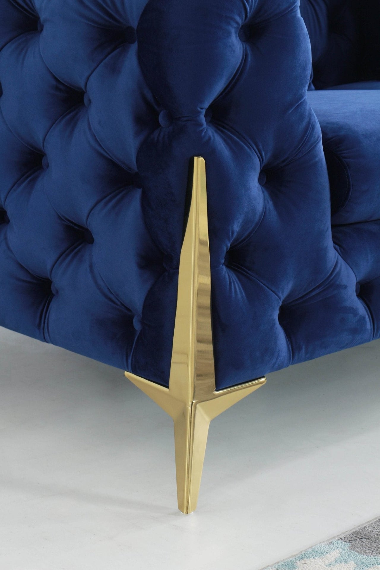 Rocky Chesterfield Navy Blue Velvet Corner Sofa Set with Gold Legs - Timeless Elegance - UK Luxury Furniture