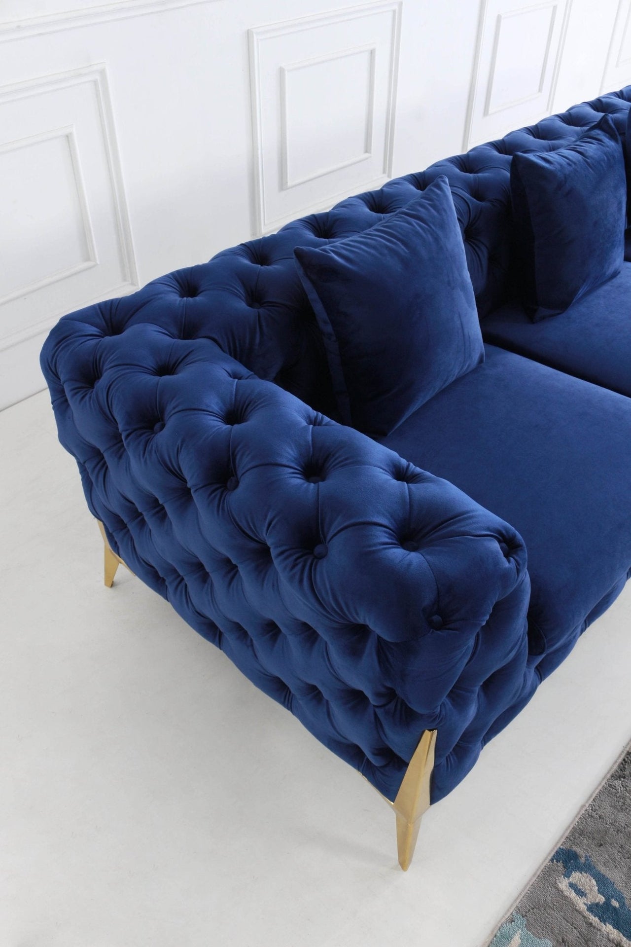 Rocky Chesterfield Navy Blue Velvet Corner Sofa Set with Gold Legs - Timeless Elegance - UK Luxury Furniture