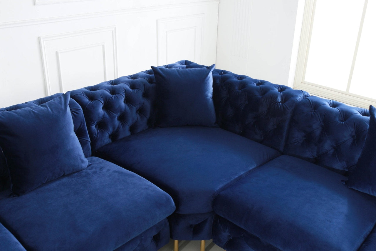 Rocky Chesterfield Navy Blue Velvet Corner Sofa Set with Gold Legs - Timeless Elegance - UK Luxury Furniture
