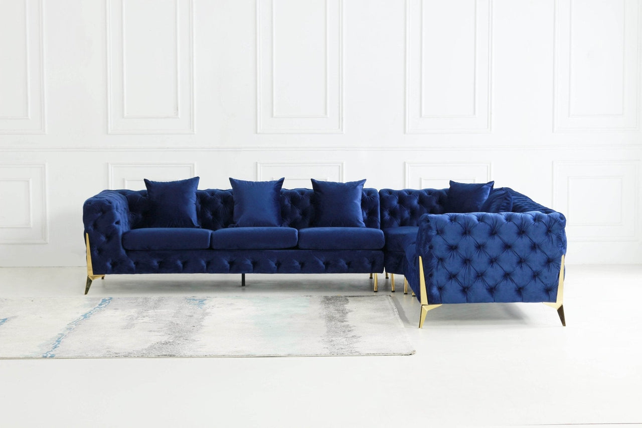 Rocky Chesterfield Navy Blue Velvet Corner Sofa Set with Gold Legs - Timeless Elegance - UK Luxury Furniture