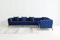 Rocky Chesterfield Navy Blue Velvet Corner Sofa Set with Gold Legs - Timeless Elegance - UK Luxury Furniture