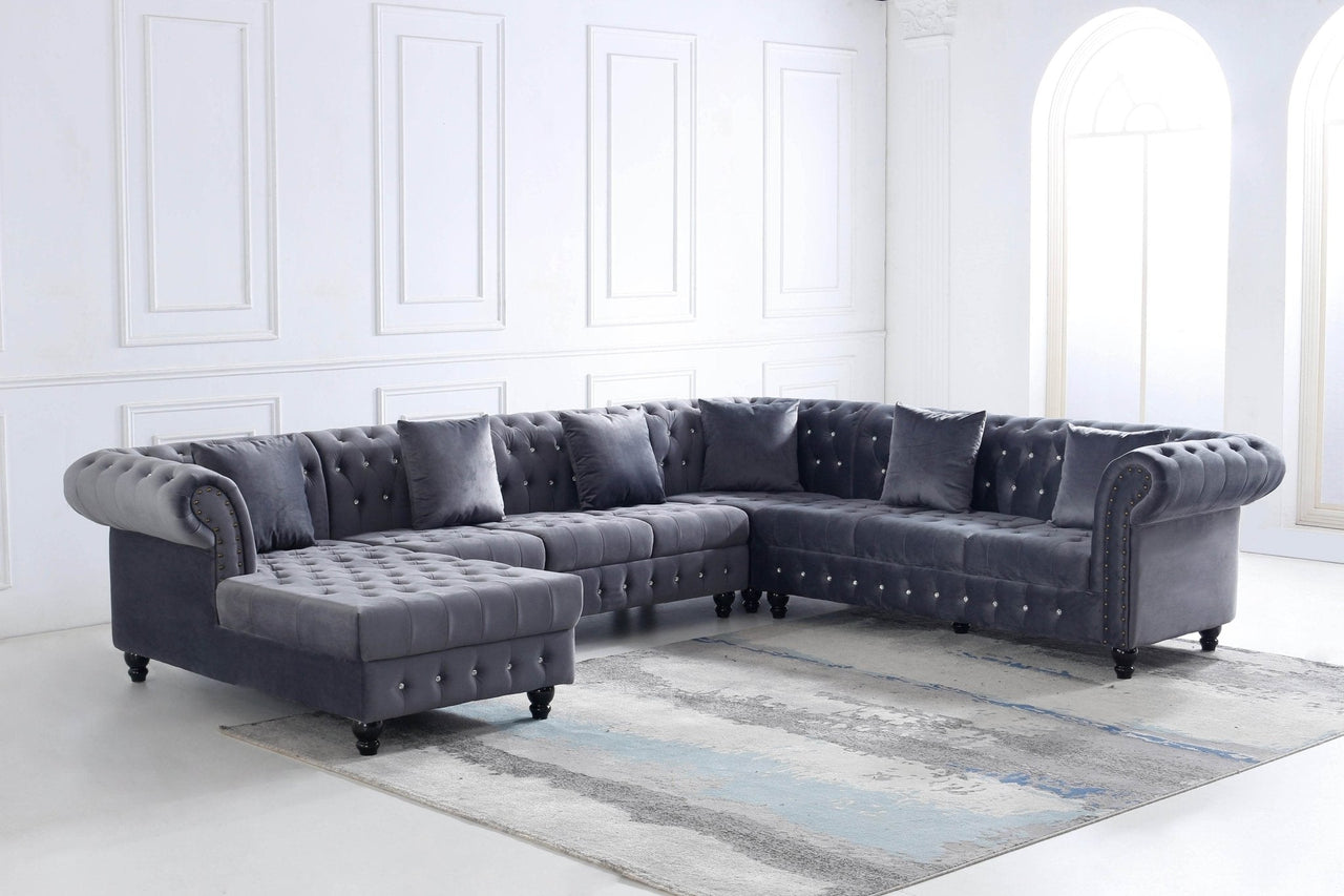 Classic Chesterfield L-Shape Corner Sofa in Luxurious Dark Grey Velvet with Deep Button-Tufting - UK Luxury Furniture