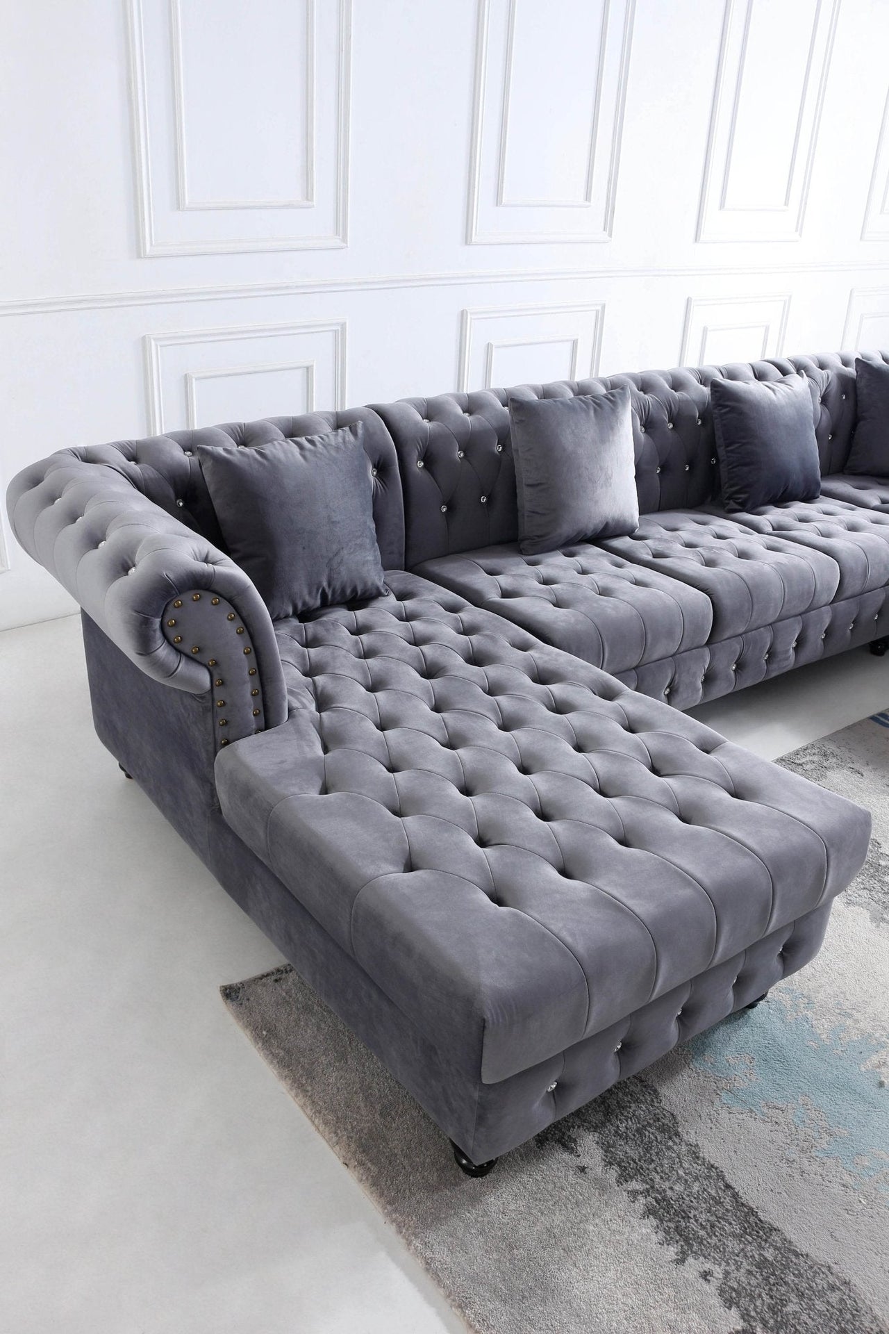 Classic Chesterfield L-Shape Corner Sofa in Luxurious Dark Grey Velvet with Deep Button-Tufting - UK Luxury Furniture