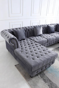 Classic Chesterfield L-Shape Corner Sofa in Luxurious Dark Grey Velvet with Deep Button-Tufting - UK Luxury Furniture