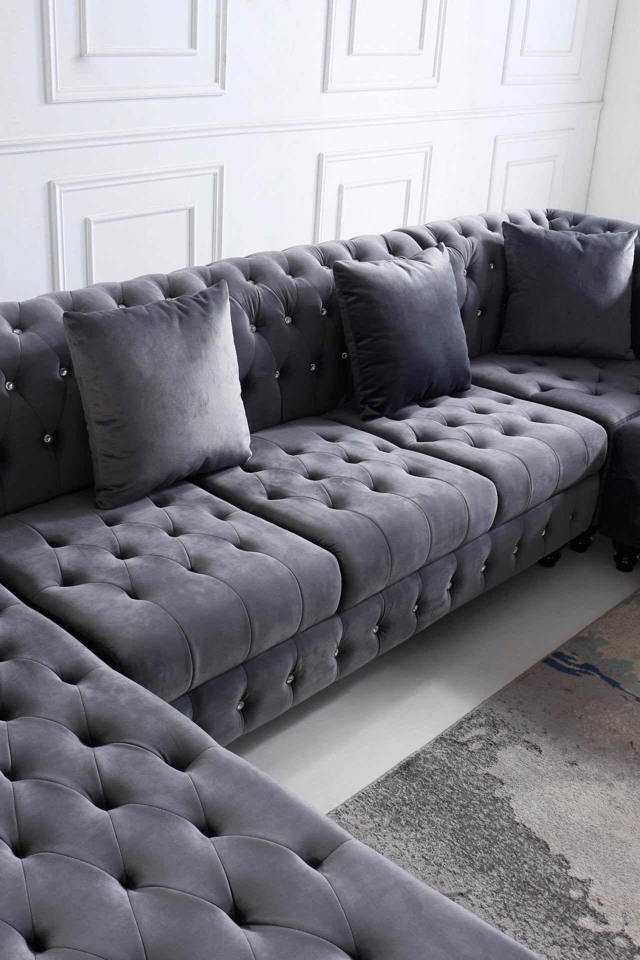 Classic Chesterfield L-Shape Corner Sofa in Luxurious Dark Grey Velvet with Deep Button-Tufting - UK Luxury Furniture