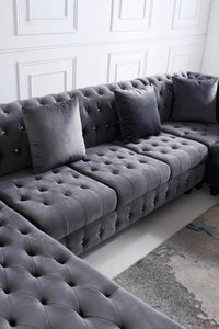 Classic Chesterfield L-Shape Corner Sofa in Luxurious Dark Grey Velvet with Deep Button-Tufting - UK Luxury Furniture