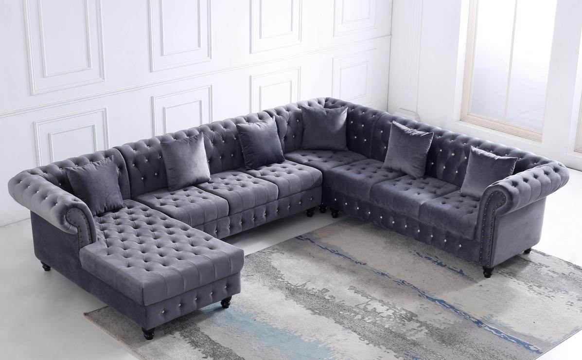 Classic Chesterfield L-Shape Corner Sofa in Luxurious Dark Grey Velvet with Deep Button-Tufting - UK Luxury Furniture
