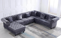 Classic Chesterfield L-Shape Corner Sofa in Luxurious Dark Grey Velvet with Deep Button-Tufting - UK Luxury Furniture