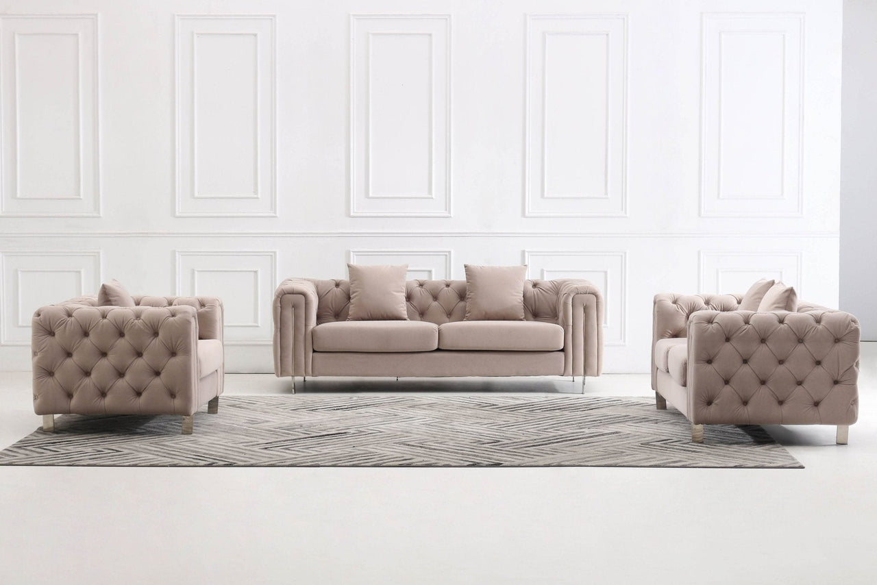 Luxury Cream Velvet Modern Chesterfield Sofa Set | Elegant 3-Seater, 2-Seater & 1-Seater Options - UK Luxury Furniture