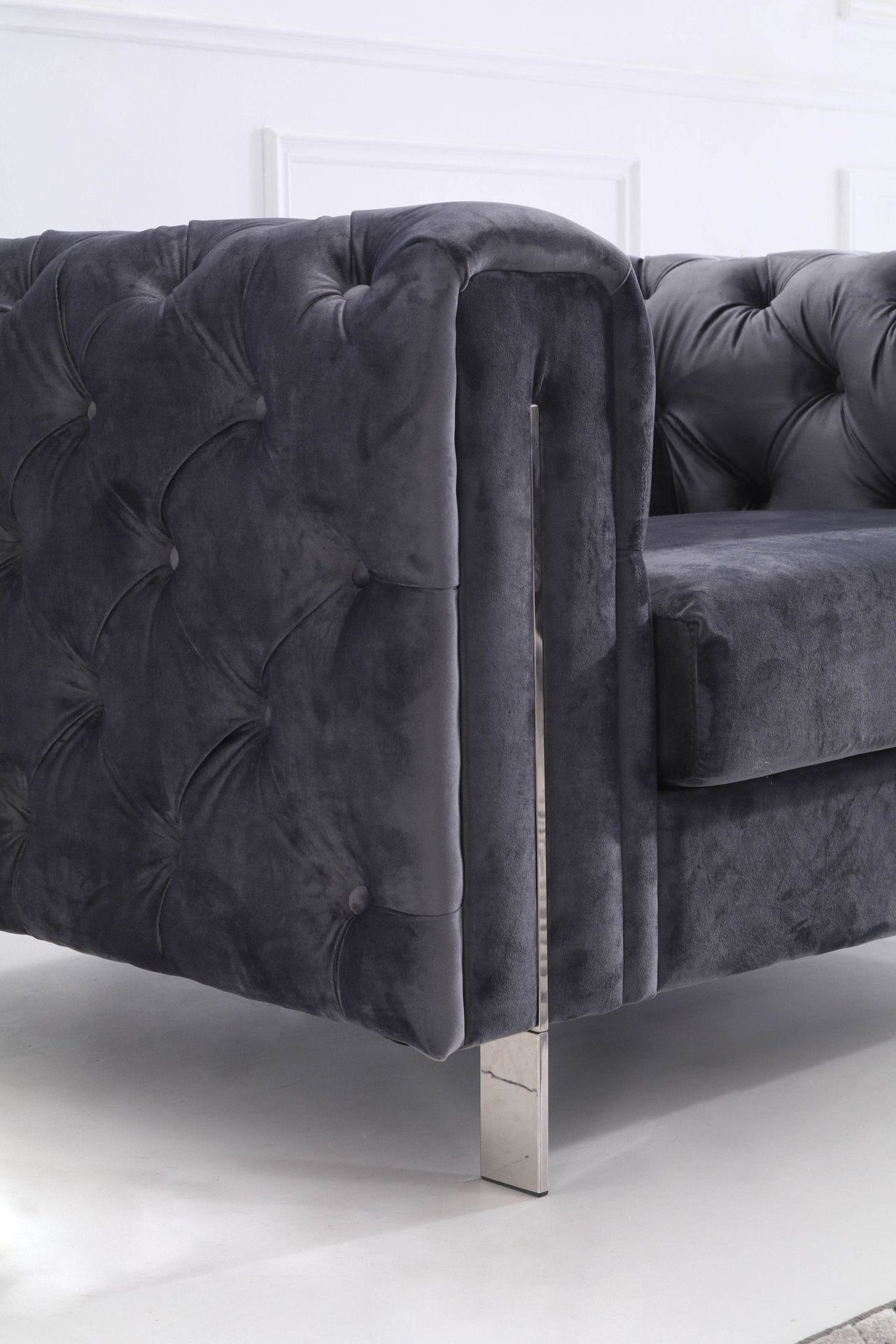 Luxury Dark Grey Velvet Modern Chesterfield Sofa Set with Gold Legs - 3, 2 & 1 Seater Options - UK Luxury Furniture