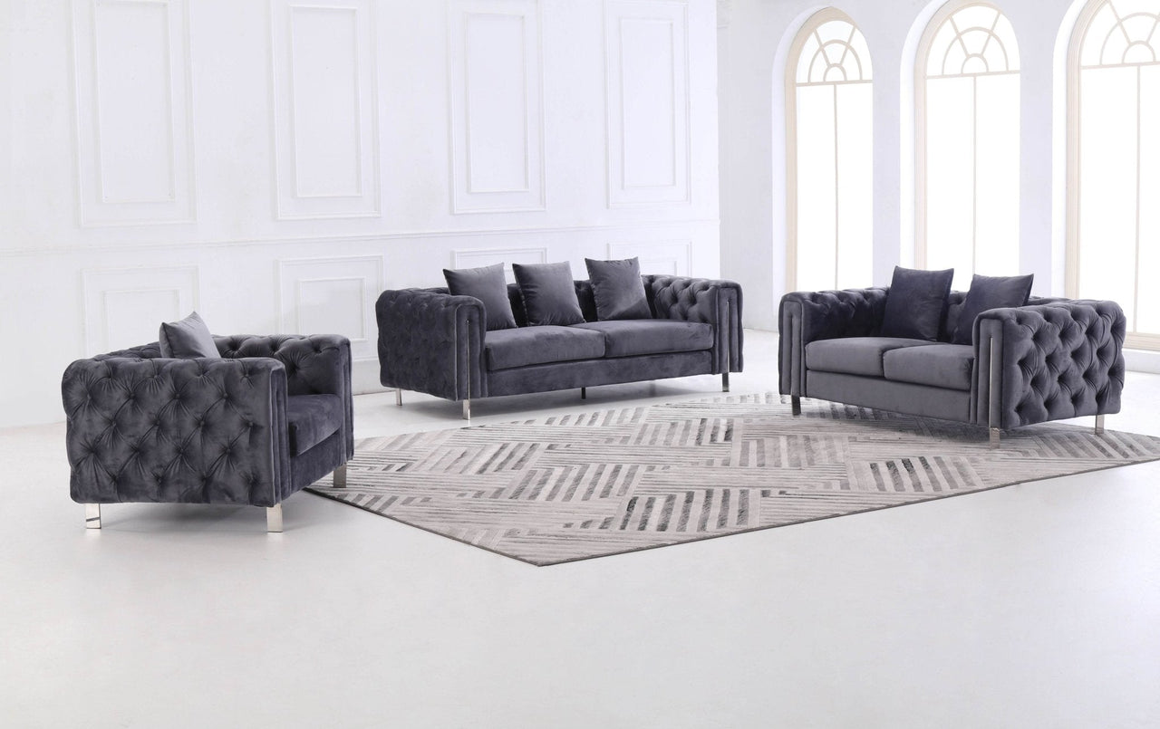 Luxury Dark Grey Velvet Modern Chesterfield Sofa Set with Gold Legs - 3, 2 & 1 Seater Options - UK Luxury Furniture